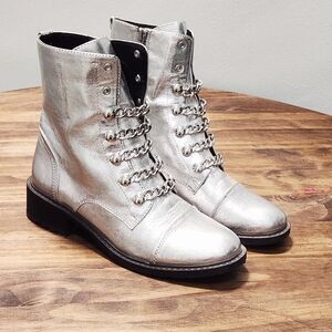 Circus By Sam Edelman Silver Metallic Dacey Combat Boots Size 8 Zip Up Chain